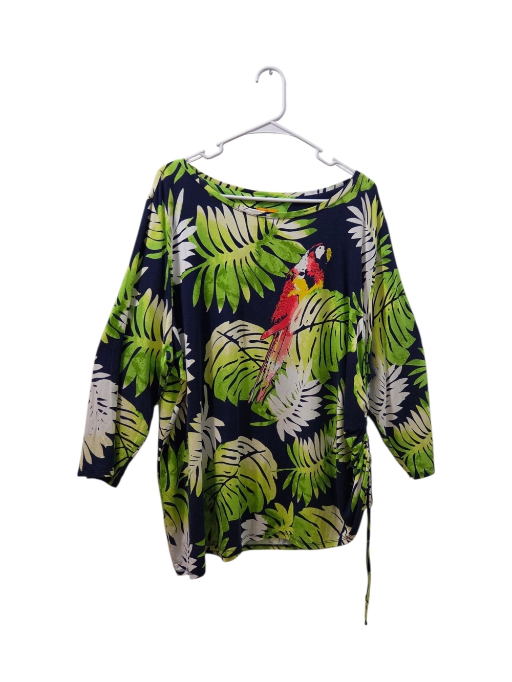 Ruby Rd Tropical Parrot Top Plus 3X Navy Green Rhinestone Bird Ruched Hip Travel